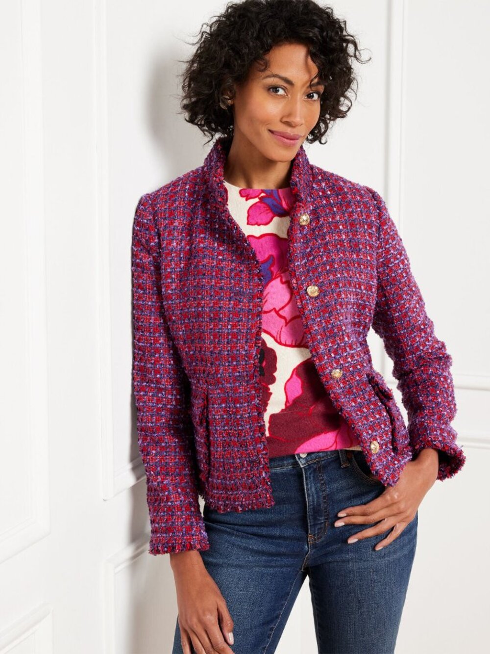 Talbots New Boucle Tweed Blazer Jacket Sz 18W Red Purple Plaid Gold Buttons $169
